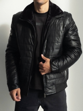 Кожаная мужская теплая зимняя стеганая куртка с мехом К-1540