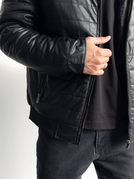 Кожаная мужская теплая зимняя стеганая куртка с мехом К-1540