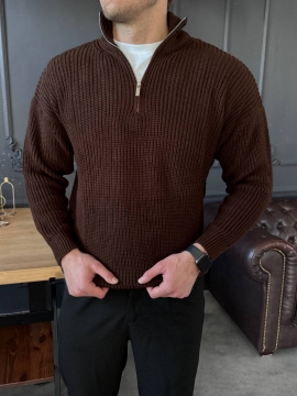 Вязаный мужской темно коричневый свитер на молнии Т-1318