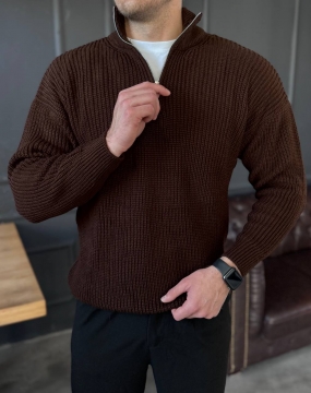 Вязаный мужской темно коричневый свитер на молнии Т-1318