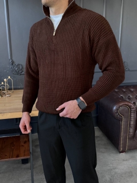 Вязаный мужской темно коричневый свитер на молнии Т-1318