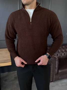Вязаный мужской темно коричневый свитер на молнии Т-1318