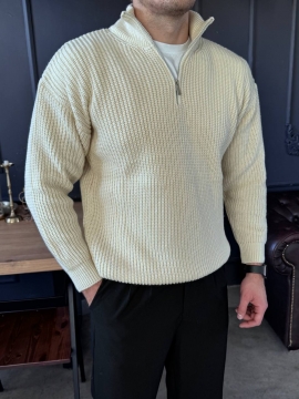 Светло бежевый мужской теплый вязаный свитер с молнией под шею Т-1319