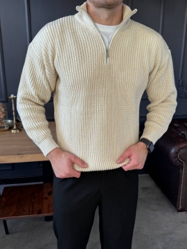 Светло бежевый мужской теплый вязаный свитер с молнией под шею Т-1319