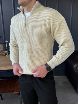 Светло бежевый мужской теплый вязаный свитер с молнией под шею Т-1319