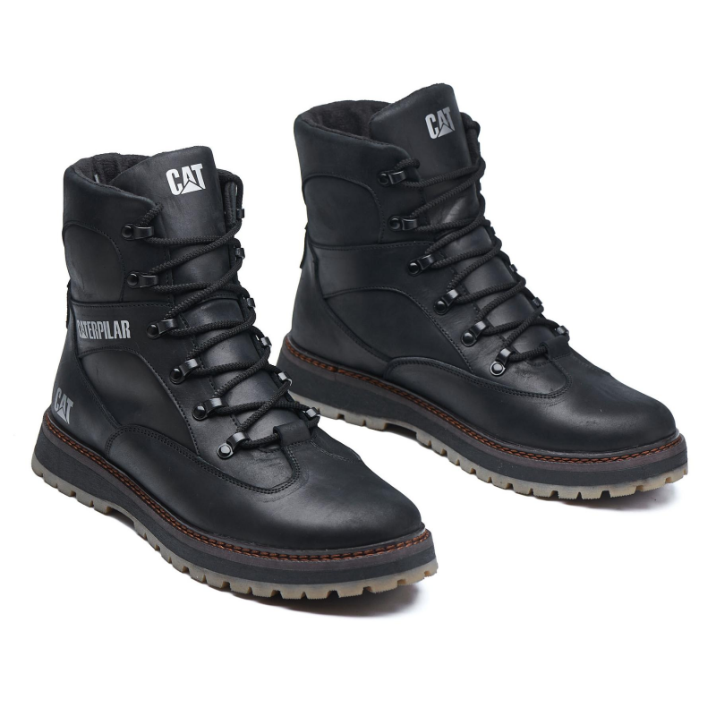 Черные кожаные высокие зимние ботинки Cat с мехом Т-1021