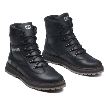 Черные кожаные высокие зимние ботинки Cat с мехом Т-1021