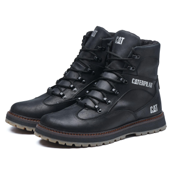 Черные кожаные высокие зимние ботинки Cat с мехом Т-1021