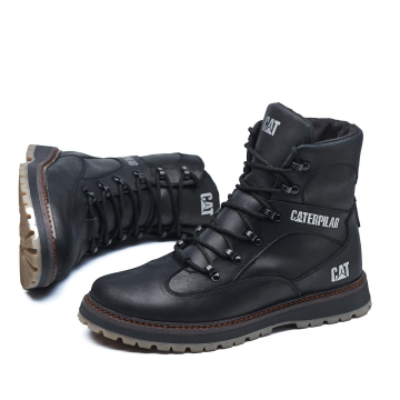 Черные кожаные высокие зимние ботинки Cat с мехом Т-1021