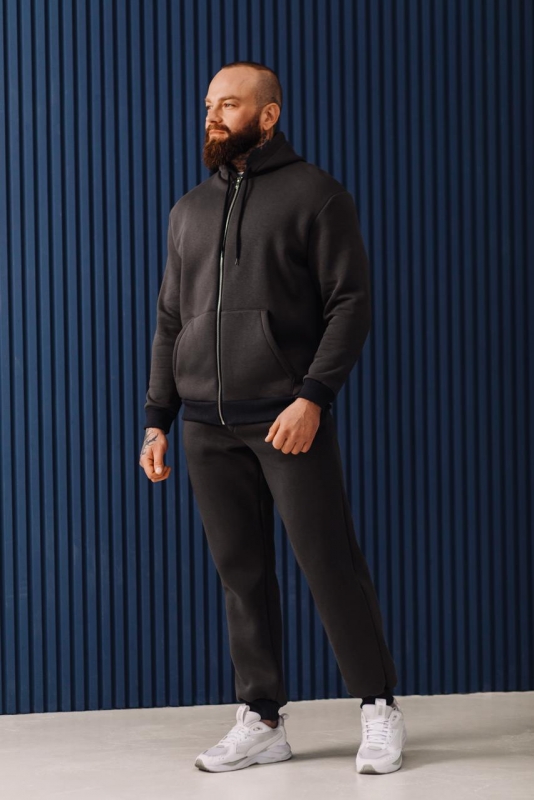 Теплий зимовий спортивний костюм графіт на блискавці з капюшоном К-967
