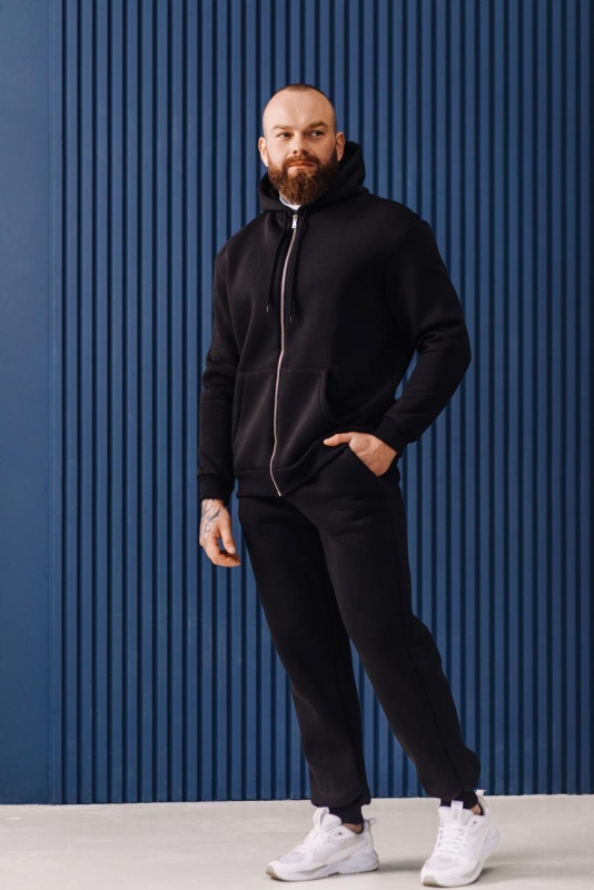 Черный теплый мужской спортивный костюм с кофтой на молнии и капюшоном К-968