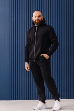 Черный теплый мужской спортивный костюм с кофтой на молнии и капюшоном К-968