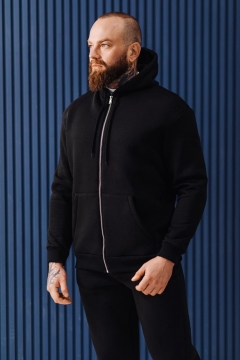 Черный теплый мужской спортивный костюм с кофтой на молнии и капюшоном К-968