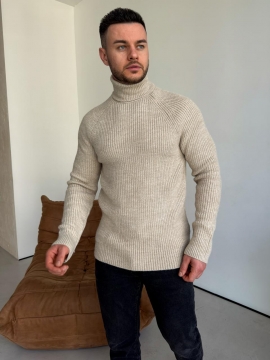 Бежевый мужской вязаный свитер под горло Т-1322
