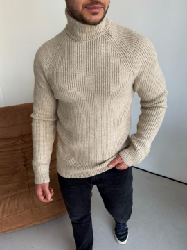 Бежевый мужской вязаный свитер под горло Т-1322