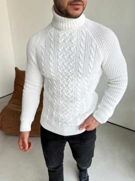 Білий в'язаний чоловічий светр під горло з візерунками Т-1326