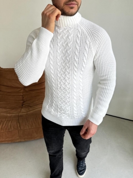 Білий в'язаний чоловічий светр під горло з візерунками Т-1326