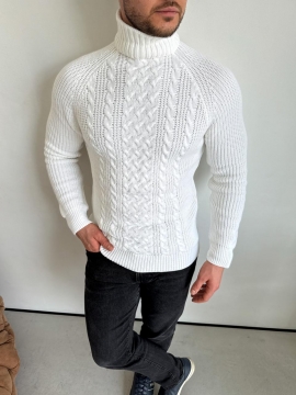 Білий в'язаний чоловічий светр під горло з візерунками Т-1326