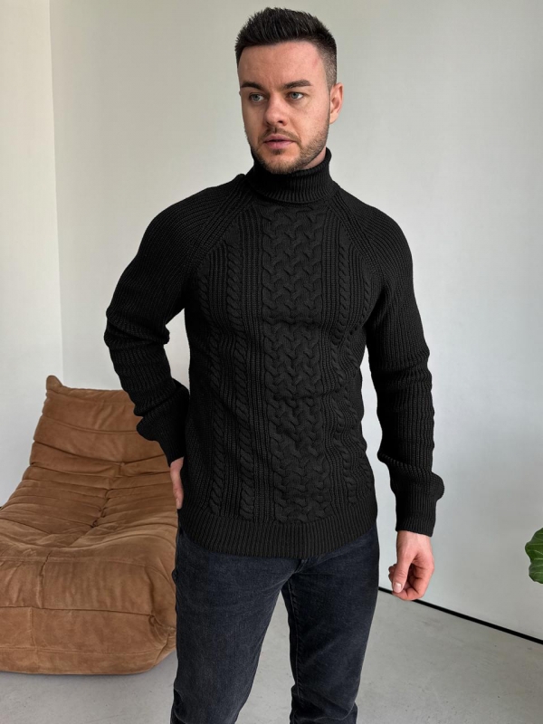 Черный вязаный мужской свитер на осень зиму под горло Т-1327