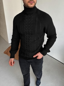 Черный вязаный мужской свитер на осень зиму под горло Т-1327