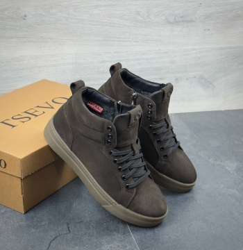 Мужские коричневые зимние ботинки на молнии из натуральной замши Т-1024