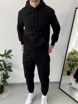 Черный мужской спортивный костюм на флисе с капюшоном К-970