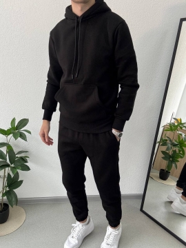 Черный мужской спортивный костюм на флисе с капюшоном К-970