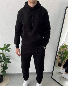 Черный мужской спортивный костюм на флисе с капюшоном К-970