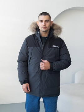 Удлиненная мужская теплая зимняя куртка с мехом на капюшоне К-1544
