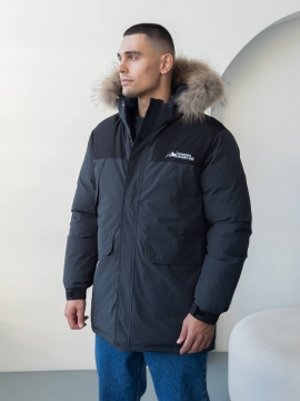 Удлиненная мужская теплая зимняя куртка с мехом на капюшоне К-1544