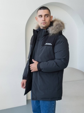Удлиненная мужская теплая зимняя куртка с мехом на капюшоне К-1544