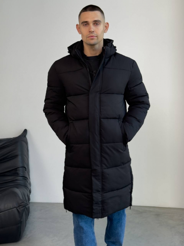 Длинная зимняя мужская стеганая куртка с капюшоном К-1546