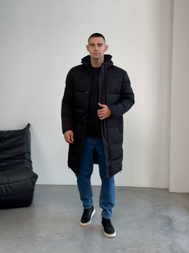 Длинная зимняя мужская стеганая куртка с капюшоном К-1546