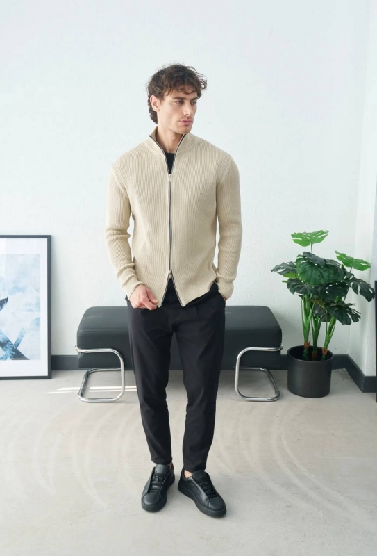 Бежевая стильная кофта на молнии в рубчик Т-1330