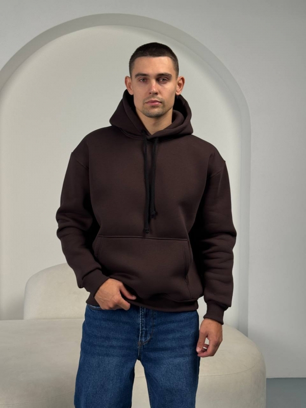 Темно коричневое мужское теплое худи на флисе с капюшоном Т-1335