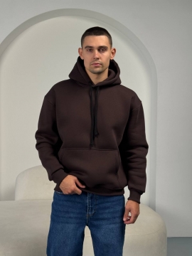 Темно коричневое мужское теплое худи на флисе с капюшоном Т-1335