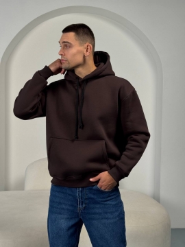 Темно коричневое мужское теплое худи на флисе с капюшоном Т-1335