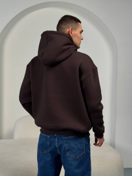 Темно коричневое мужское теплое худи на флисе с капюшоном Т-1335