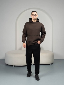 Коричневая мужская турецкая теплая кофта худи на флисе с капюшоном К-1337