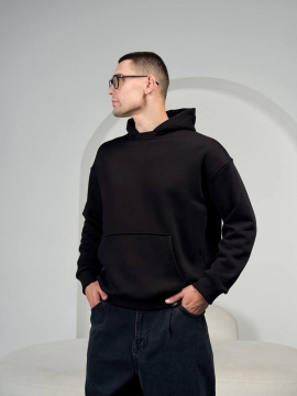 Черная мужская теплая кофта худи на флисе с капюшоном К-1338