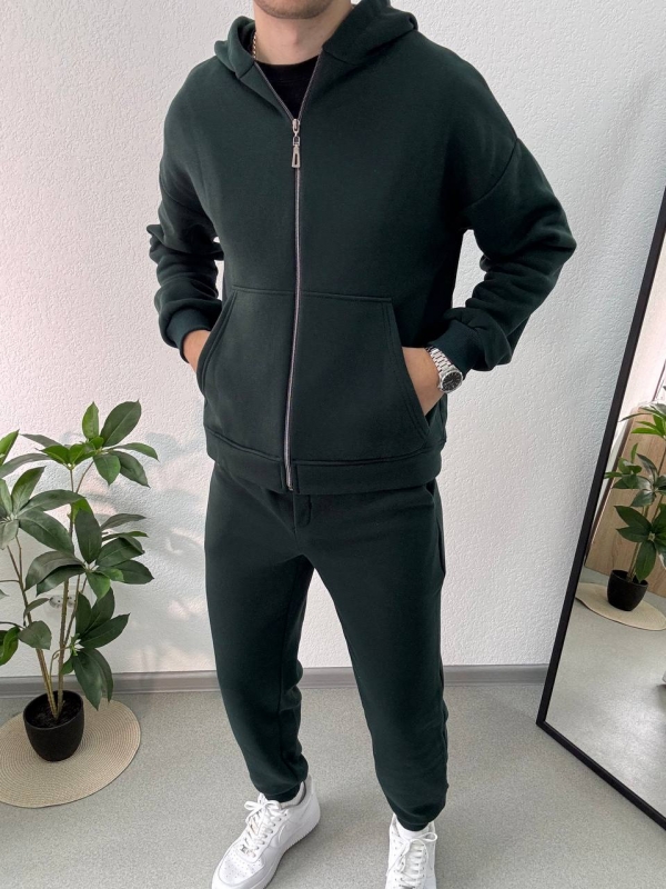 Теплый мужской темно зеленый спортивный костюм на молнии с капюшоном К-971