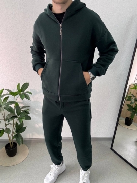 Теплый мужской темно зеленый спортивный костюм на молнии с капюшоном К-971