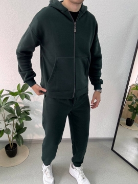 Теплый мужской темно зеленый спортивный костюм на молнии с капюшоном К-971