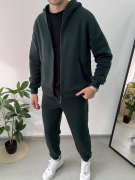 Теплый мужской темно зеленый спортивный костюм на молнии с капюшоном К-971