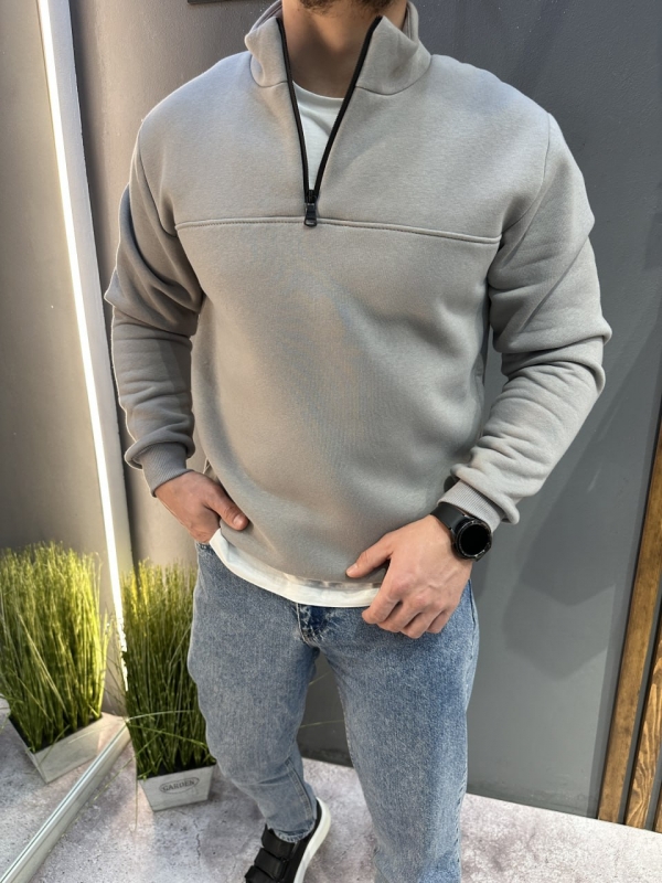 Теплый мужской серый свитшот стойка на флисе с молнией Т-1342
