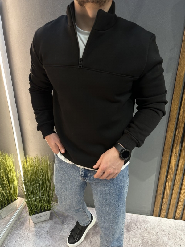 Чорний теплий зимовий світшот на флісі з блискавкою під шию Т-1344