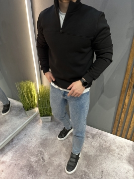 Чорний теплий зимовий світшот на флісі з блискавкою під шию Т-1344