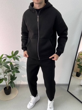 Черный спортивный костюм с молнией на кофте и капюшоном на флисе К-973