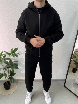 Черный спортивный костюм с молнией на кофте и капюшоном на флисе К-973