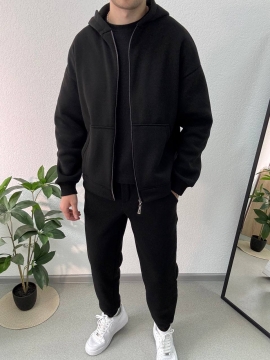 Черный спортивный костюм с молнией на кофте и капюшоном на флисе К-973